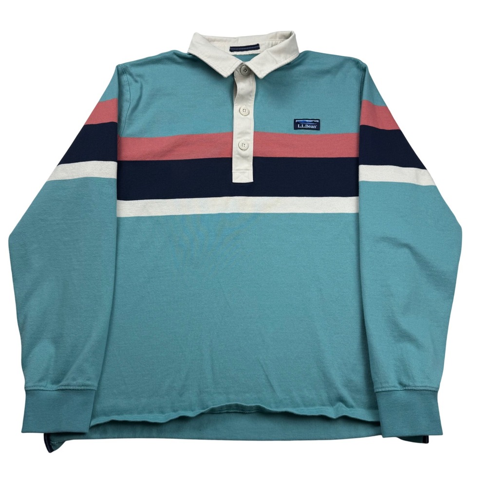 LL Bean Mens Large Rugby Shirt Long Sleeve Striped Cotton Teal Blue ID522586
